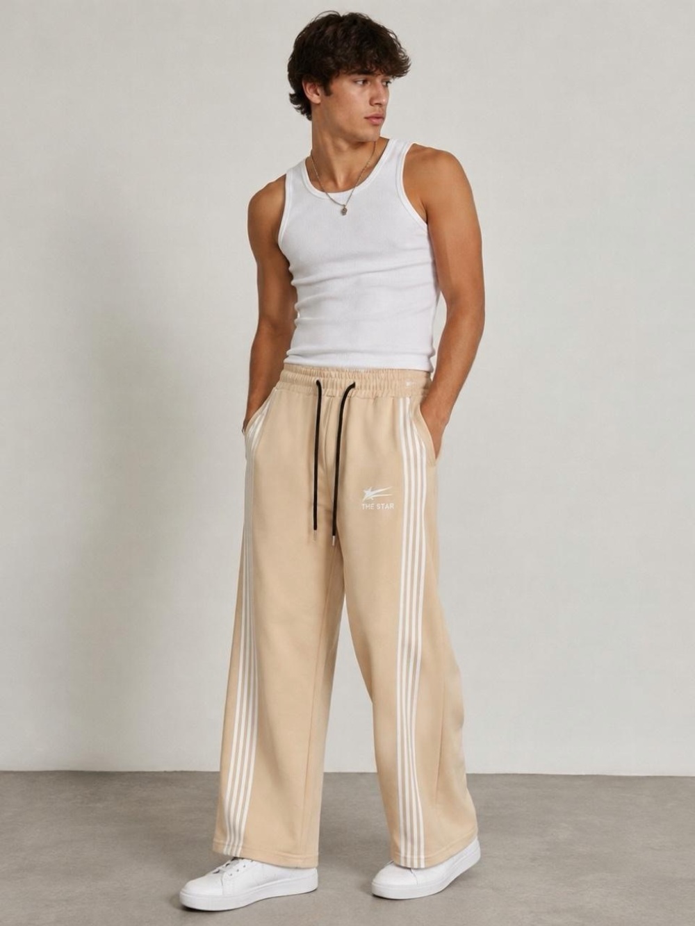 Beige Wide-Leg Track Pants with Side Stripes